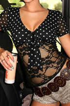 Polka Dot Waist Lace Splice Blouse