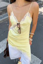 Satin Slip Dress Lace Panel Side Slit Cami Top