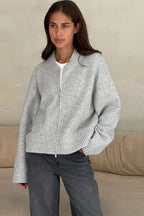 Pleated Knit O Neck Zipper Cardigan