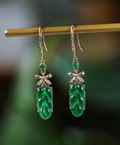 New Green Sterling Silver Overgild Jade Lea Drop Earrings