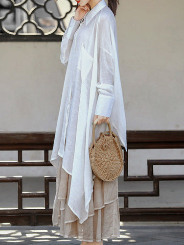 Loose Raglan Sleeve See-Through Solid Color Split-Joint Split-Side Lapel Blouses