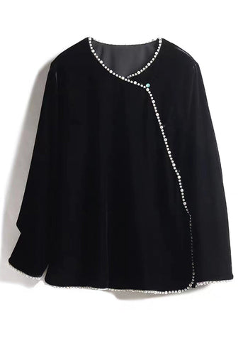 Tops holgados de terciopelo de seda con patchwork de perlas y cuello redondo en negro para otoño 