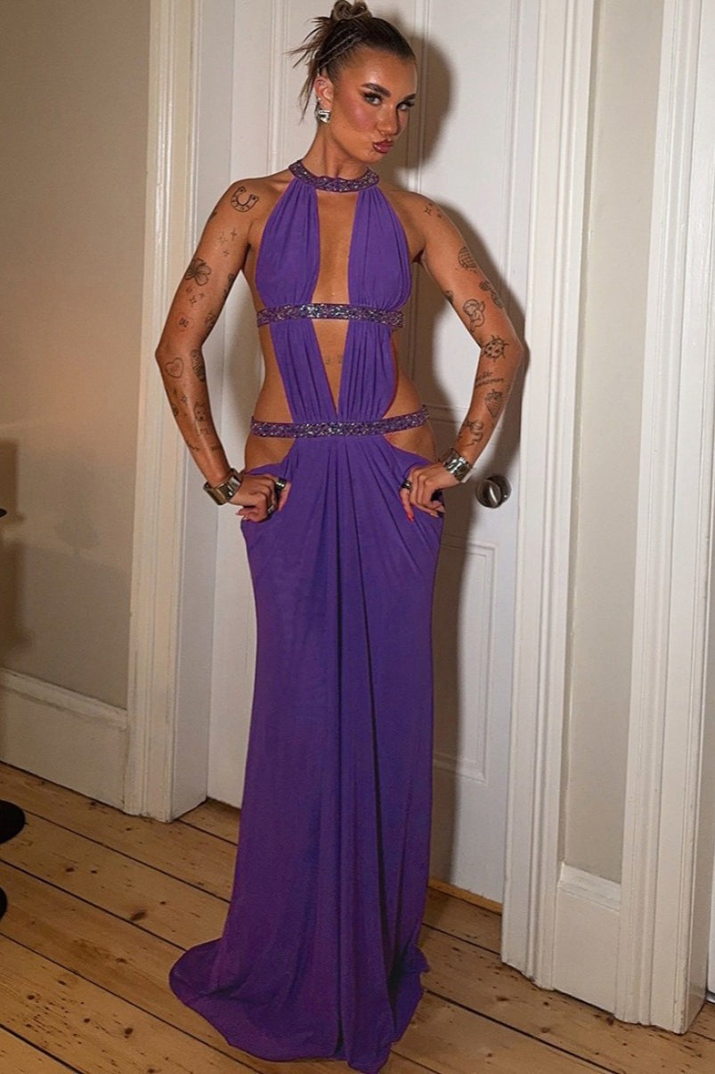 Elegant Sexy Cutout Rhinestone Backless Maxi Dress