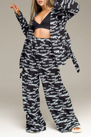 Cárdigan informal de dos piezas con estampado de letras y cuello frenillo, manga larga 