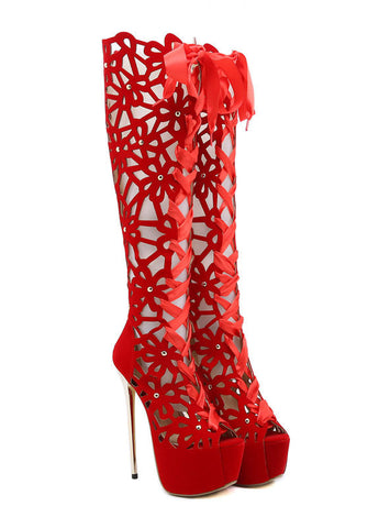 Botas altas hasta la rodilla para mujer con punta abierta y tacones altos rojos 
