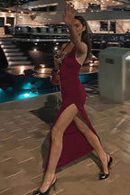 Tie Halter U Neck Waist Cinched Split Elegant Maxi Dress