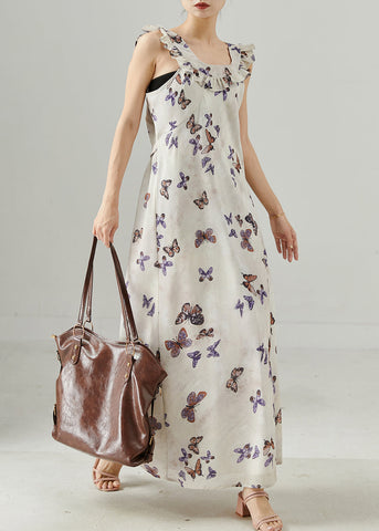 Französisches weißes Rüschenkleid aus geblümter Baumwolle mit Knöchellänge, Sommer 