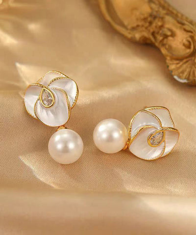 Chic White Sterling Silver Overgild Zircon Pearl Camellia Flower Drop Earrings