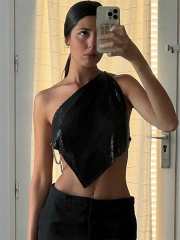 Tossy Glitter Backless Sexy Tank Top – Weibliche Patchwork Off-Shoulder Pailletten Club Party Y2k Sparkle Weste 