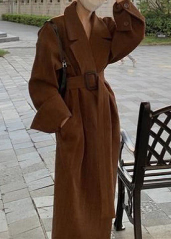 Plus Size Brauner Trenchcoat mit gekerbten Taschen und Schärpen 