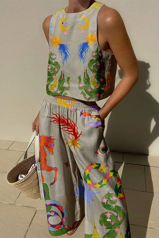 Conjunto de camiseta de tirantes y pantalón con bolsillos y cintura elástica con estampado único de mezcla de lino Island Dreaming 