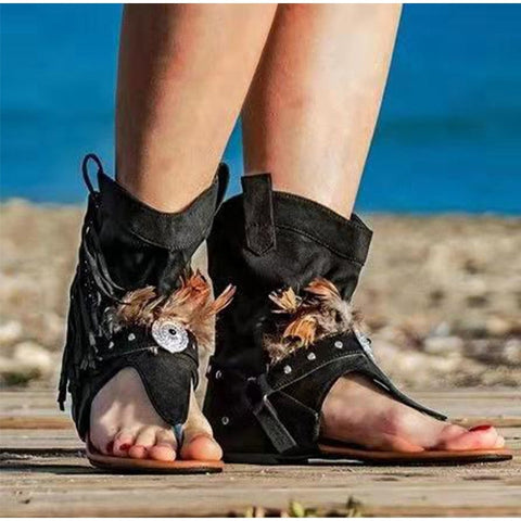 Women Retro Clip Toe Sandals Ladies Gladiator Vintage Boots Casual Tassel Rome Summer Beach Woman Shoes Female New