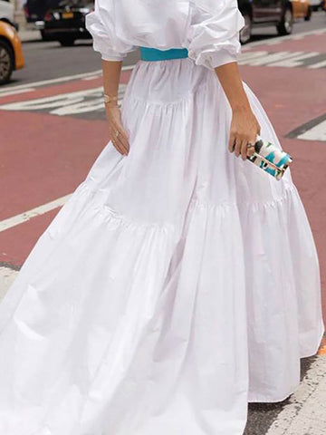 Lange Ärmel, lockerer Gürtel, plissiertes, einfarbiges Maxikleid mit Revers 