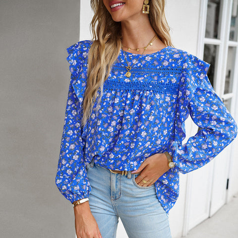Floral Shirt Women Autumn Winter Women round Neck Long Sleeved Blouse