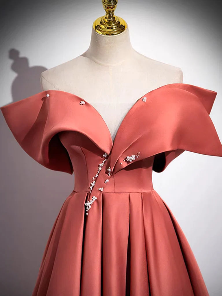 A-Linien-Ballkleid, schulterfrei, langes Satin-Abendkleid, formelles Kleid