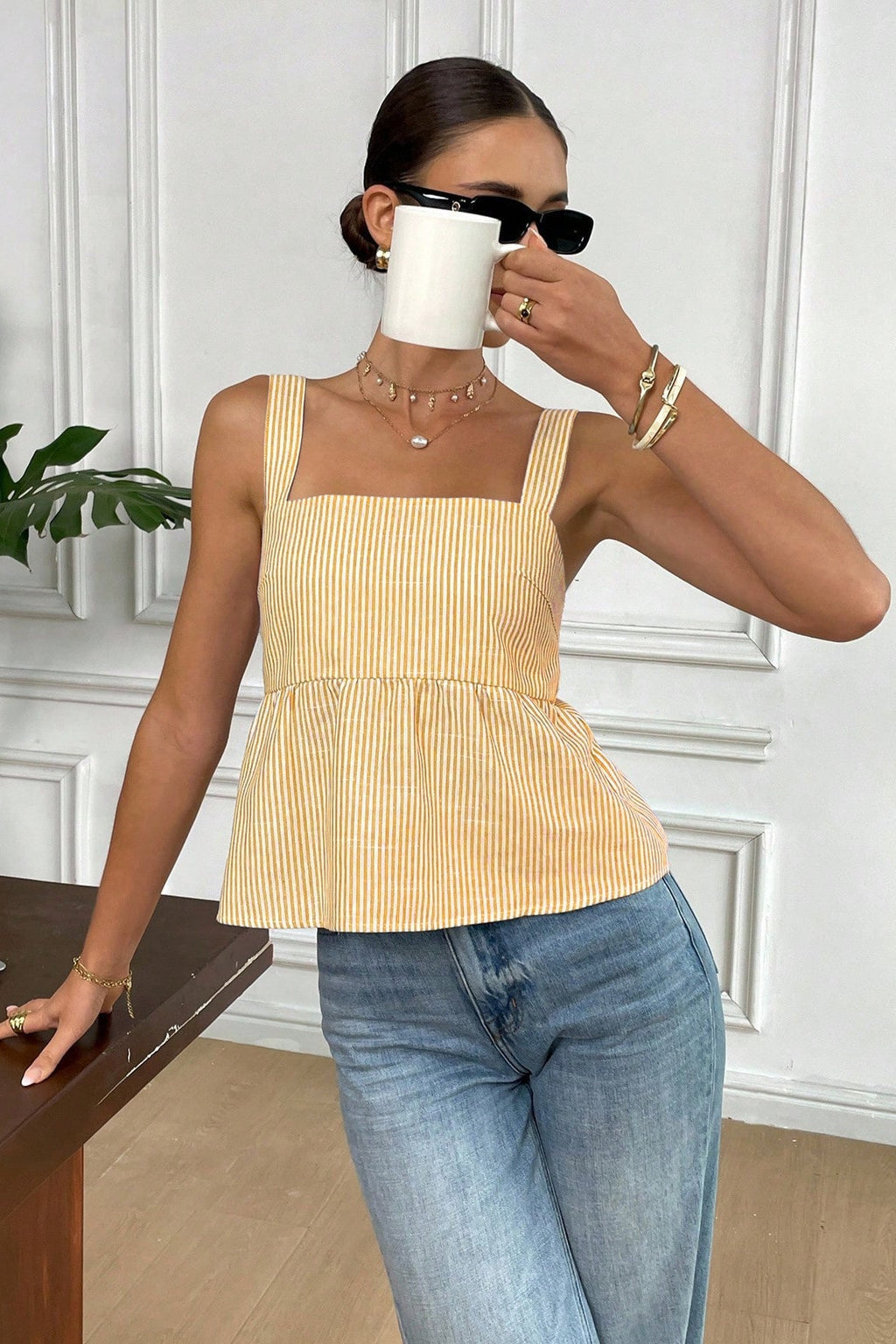 Striped Tie-Shoulder Square Tank Top