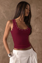 Waist Defined Rhinestone Drilled Sleeveless Tank Top