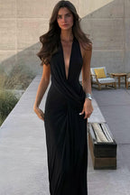 Solid Halter Deep V Backless Slit Floor Maxi Dress