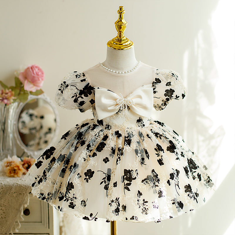 Kleinkind-Abendkleid, kleines Mädchen, Prinzessinnenkleid mit Schleife, bedruckt, flauschig, Kommunionskleid 