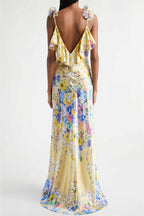 Floral Ruffle Strap Backless Maxi Dress