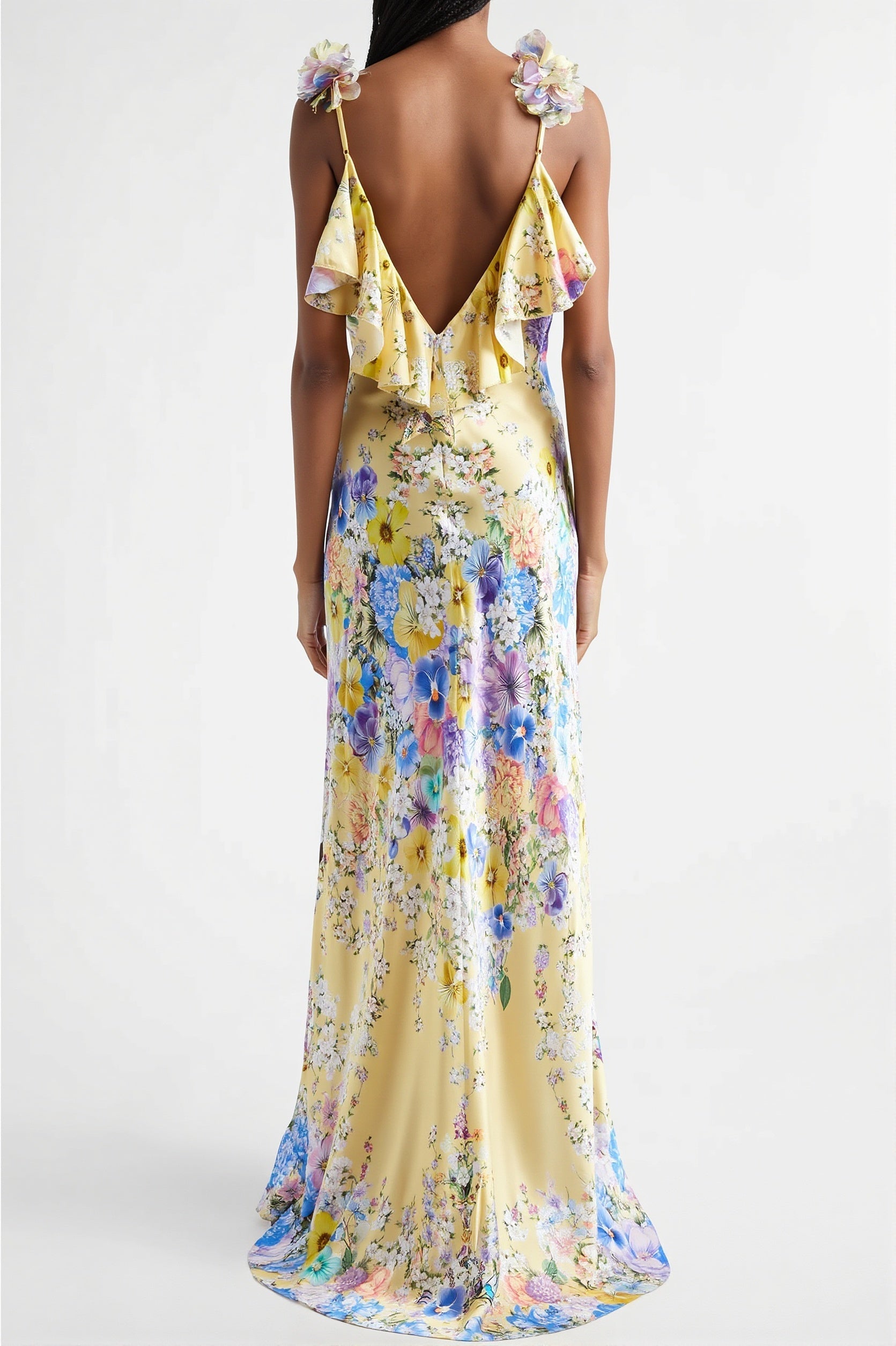 Floral Ruffle Strap Backless Maxi Dress