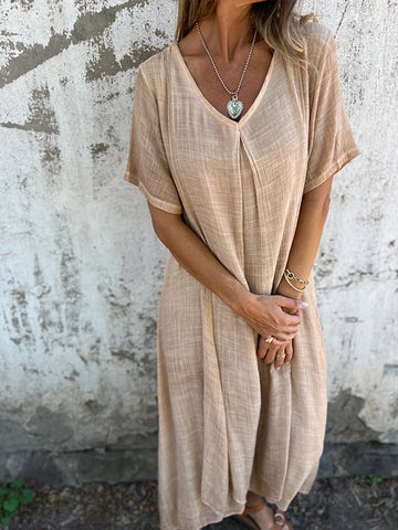 Vestido midi de algodón y lino con cuello en V 