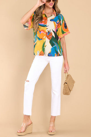 Meet At Sunset Unique Fruit Print Blouse and Elastic Waist Pocketed Shorts Set