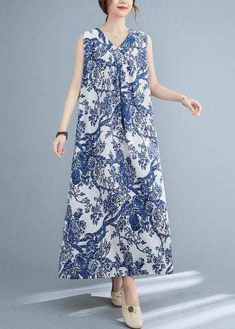 DIY Blue Loose Print V Neck Summer Vacation Dress Sleeveless