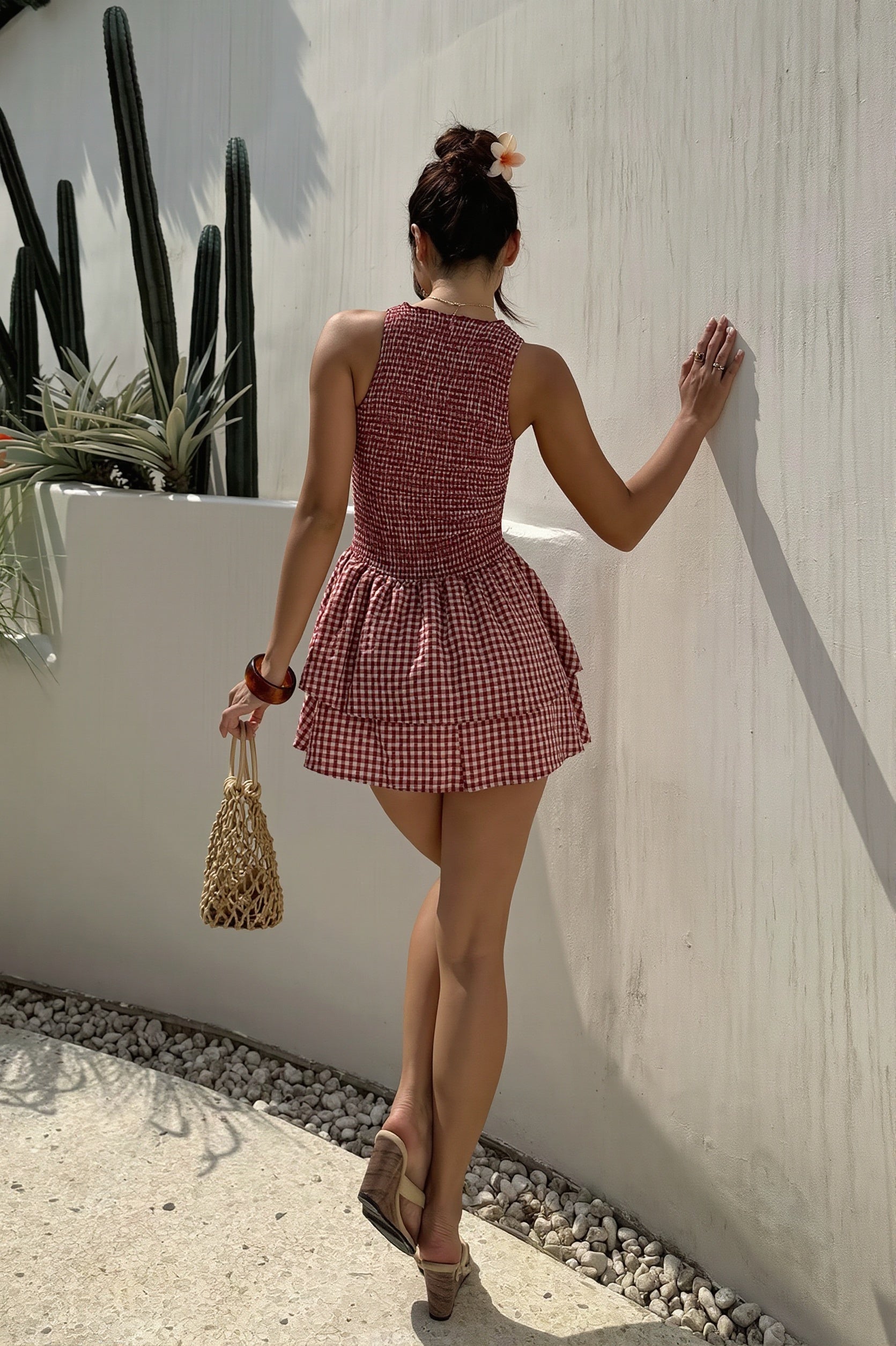 Plaid Smocked Sleeveless Flared Mini Dress