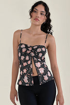 Mesh Rose Print Split Cami Top