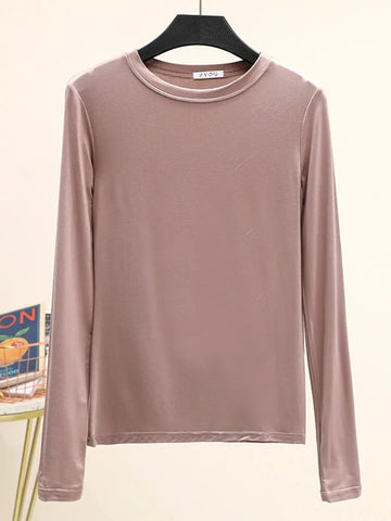 Camiseta básica modal lisa de manga larga con cuello redondo para mujer, camiseta de otoño, camiseta que combina con todo, camiseta interior 