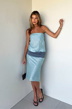 Strapless Contrast Sheath Sheer Midi Dress