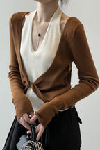 Patchwork Layered Halter Long Sleeve Tee