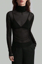 Stand Collar Solid Mesh Slim Fit Long Sleeve Tee
