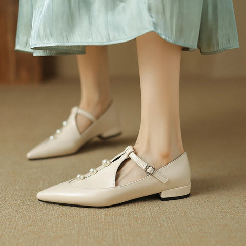 - Zapatos Mary Jane de punta puntiaguda con perlas y hebilla en T, cómodos, planos y mocasines para mujer, tallas grandes 41, 42 y 43, para primavera y otoño.