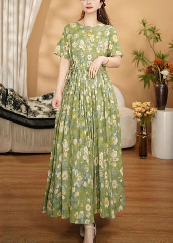 Frauen Gras Grün Cinched Floral Print Baumwolle Knöchel Kleid Sommer 