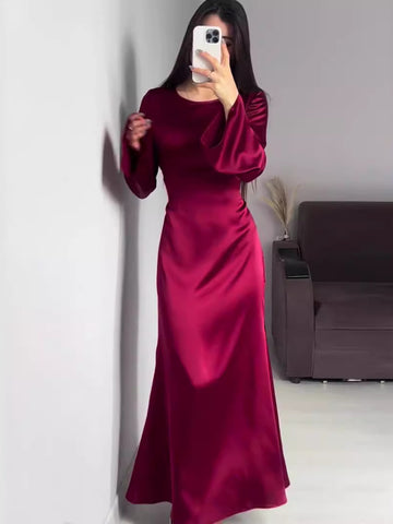 Tossy Elegant Satin High Waist Women Maxi Dress Bell Sleeve Lace Up Slim Banquet Mermaid Bodycon Dresses Throbbing in Autumn