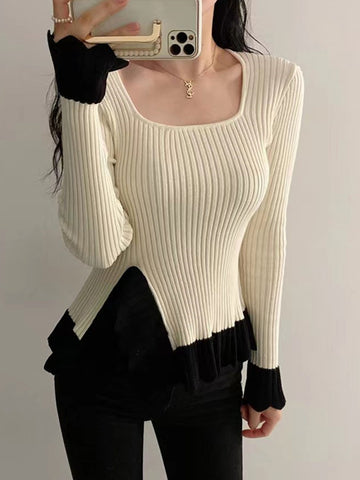 Tossy Ruffled Patchwork Vintage Pullover Sweater For Women Ribbed Contrast Elegant Long Sleeve Loose Knit Female Pullover 2023