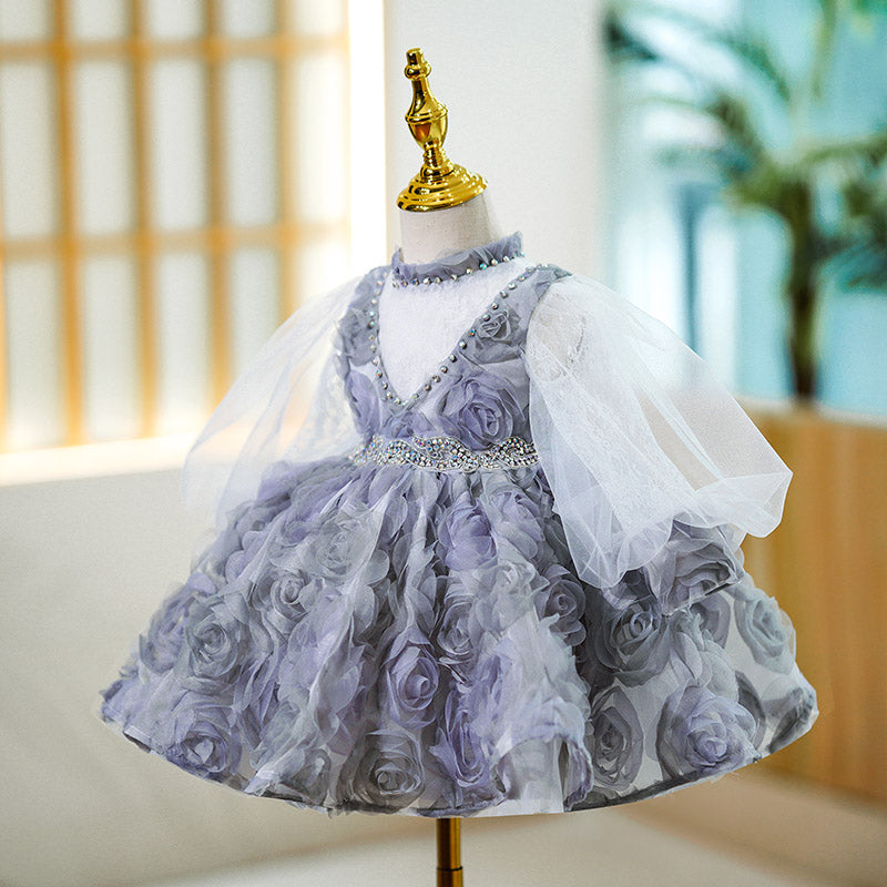 Vestido de primera comunión para niña, vestido de princesa para niña de las flores, vestido esponjoso de malla con cuentas rosas 