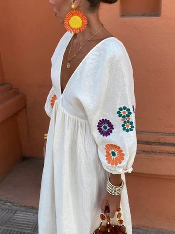 Rückenfreies Maxikleid mit Blumendruck im Graffiti-Stil, V-Ausschnitt und Laternenärmeln 