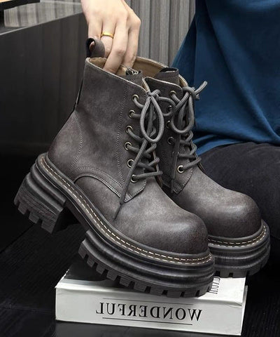 Khakifarbene, klobige Schnürstiefel aus Kunstleder mit neuem Splicing-Design 