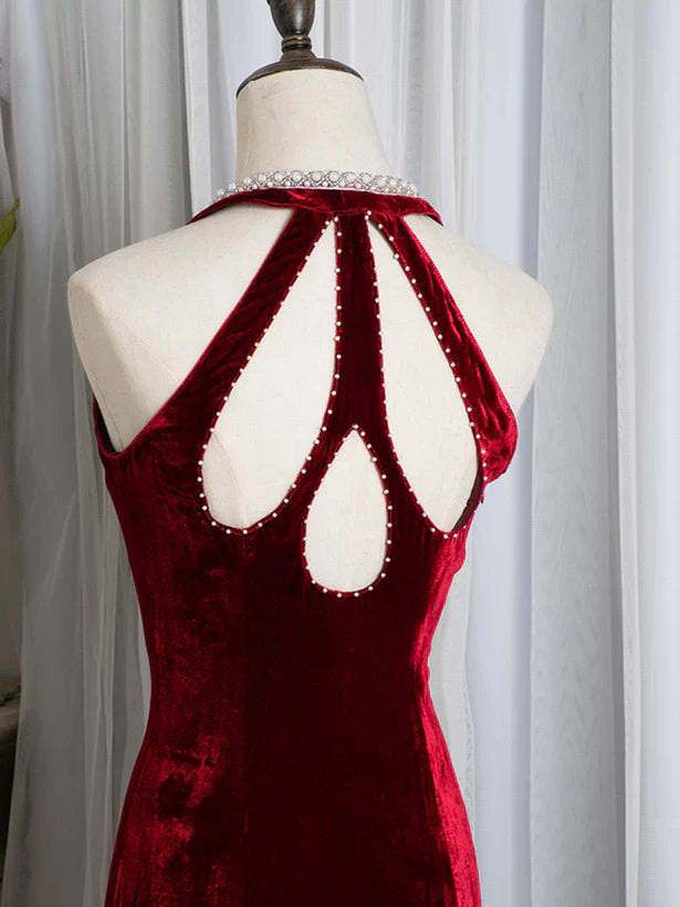 Wine Velvet Deep V-Neck Mermaid Beaded Long Party Dress Prom Dress