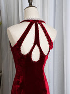 Wine Velvet Deep V-Neck Mermaid Beaded Long Party Dress Prom Dress