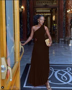 Lady Roll Waist Sleeveless Pleated Ruched A-line Dress Women One Shoulder Sexy Prom Evening Dresses Fahion Chothing