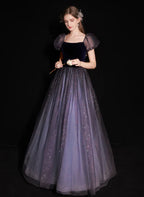 A-Linien Glitzer Ballkleid mit Ballonärmeln aus Tüll und Samt langes Ballkleid
