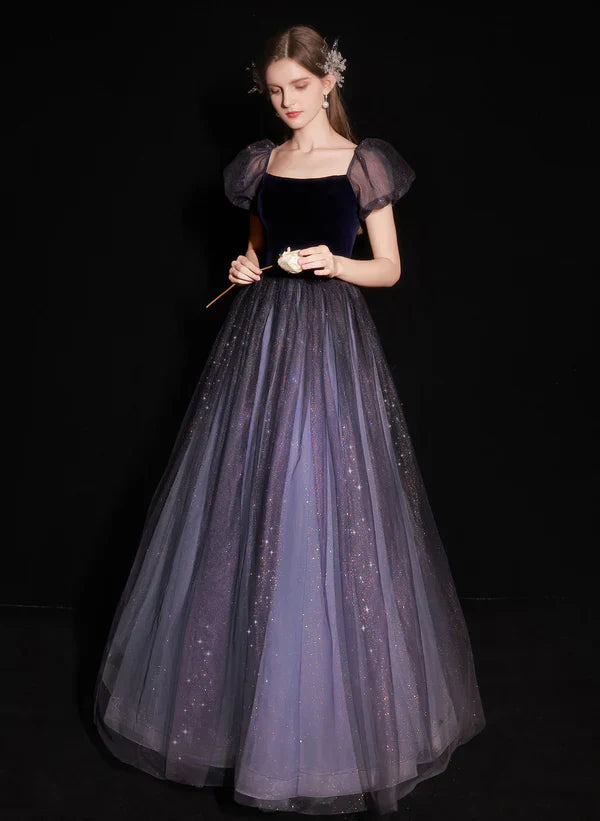 A-Linien Glitzer Ballkleid mit Ballonärmeln aus Tüll und Samt langes Ballkleid