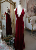 Wine Velvet Deep V-Neck Mermaid Beaded Long Party Dress Prom Dress