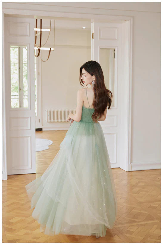 Tulle Spaghetti Strap Long Prom  A-line Party Dress