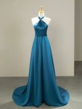 Vestido de fiesta largo formal con cuello halter, de satén azul sencillo y cola larga