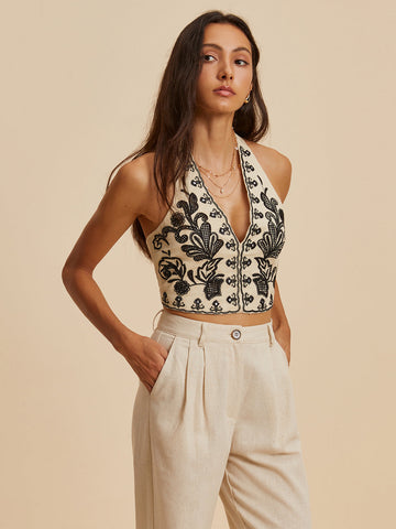 Camiseta sin mangas con cuello en V y estampado bordado 